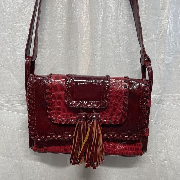 Madi Claire Genuine Red Patent Leather Western Embossed Shoulder Handbag Tassles - Picture 1 of 14